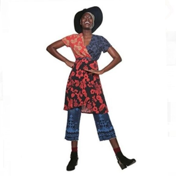 Sz EU40- Desigual Vevey Short Sleeve Abstract Floral Multicolor Midi Wrap Dress - Picture 15 of 16